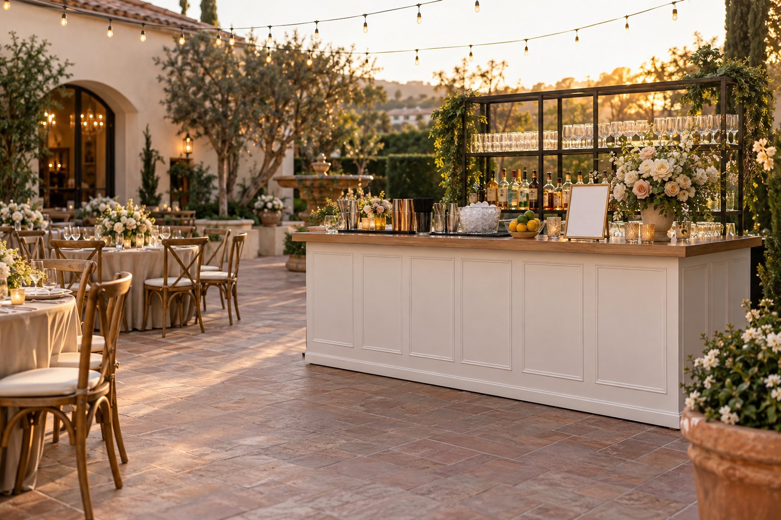 A professionally styled portable mobile bar positioned within an elegant Orange County courtyard reception.