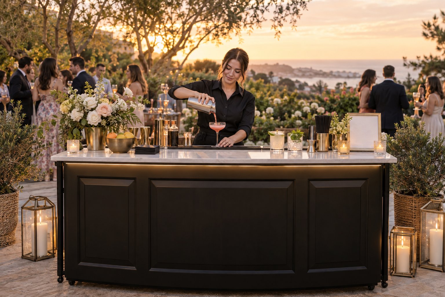 Professional woman bartender preparing a cocktail behind an elegant mobile bar at an Orange County event