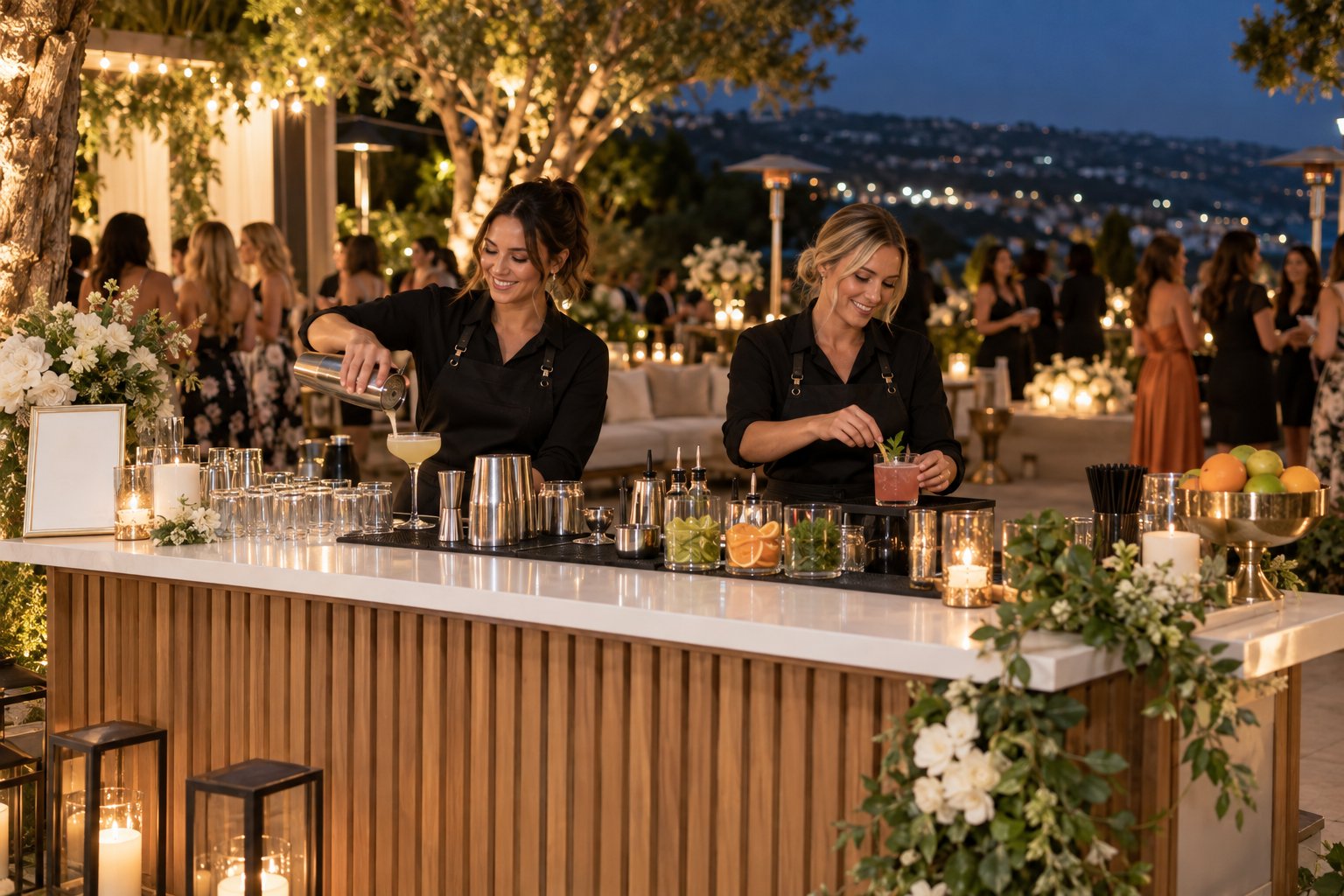 Two professional women bartenders working together behind a refined mobile bar at an Orange County event