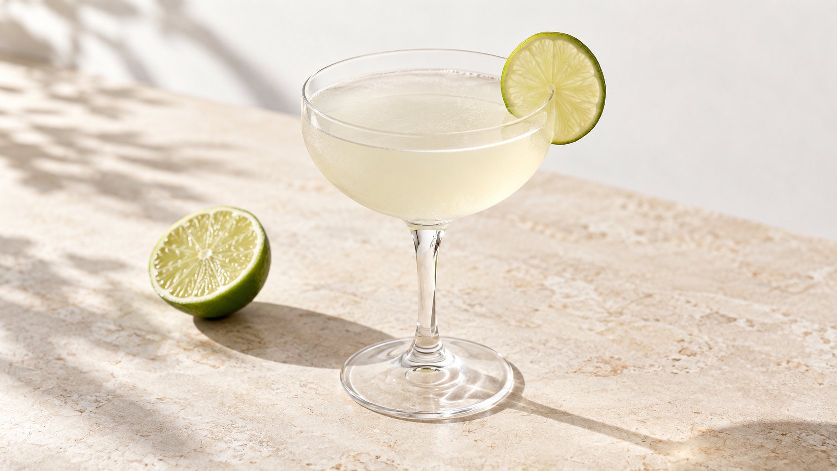 A light yellow cocktail in a coupe glass with a lime slice, next to a half lime on a stone surface.