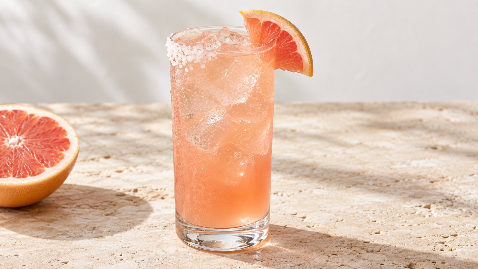 A refreshing pink grapefruit drink with ice, a salted rim, and a grapefruit slice garnish on a textured surface.