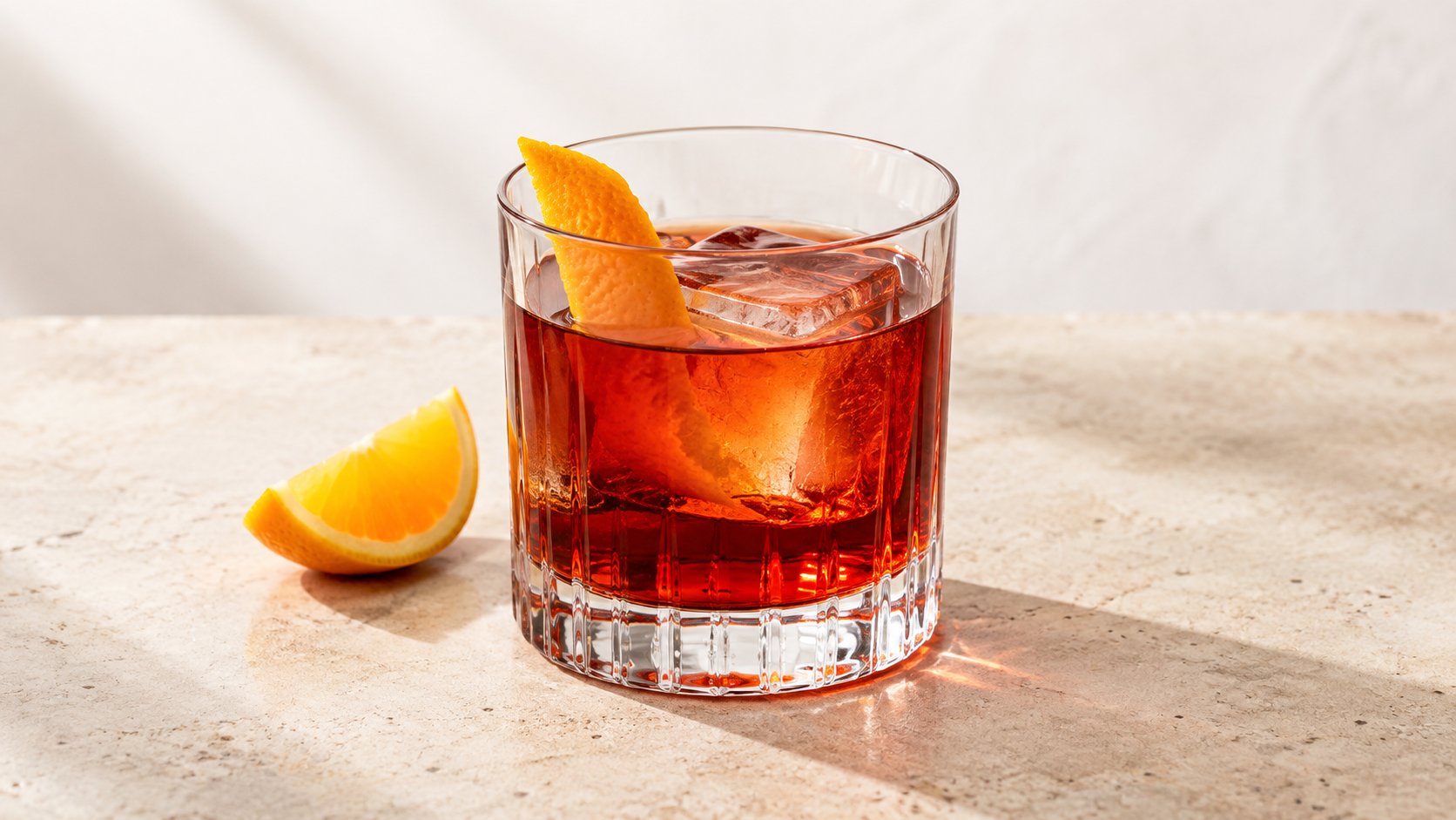 A vibrant red cocktail with an orange peel and large ice cube, next to an orange slice on a light textured surface.