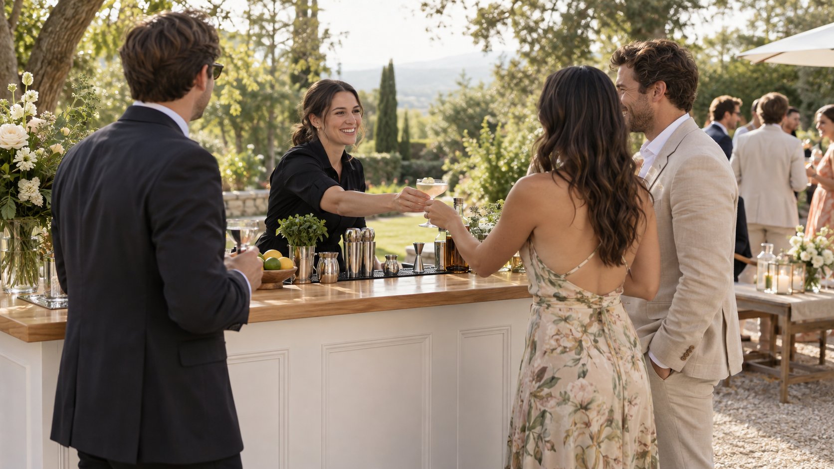 A woman bartender serves a cocktail to guests from a portable bar at an outdoor garden event.