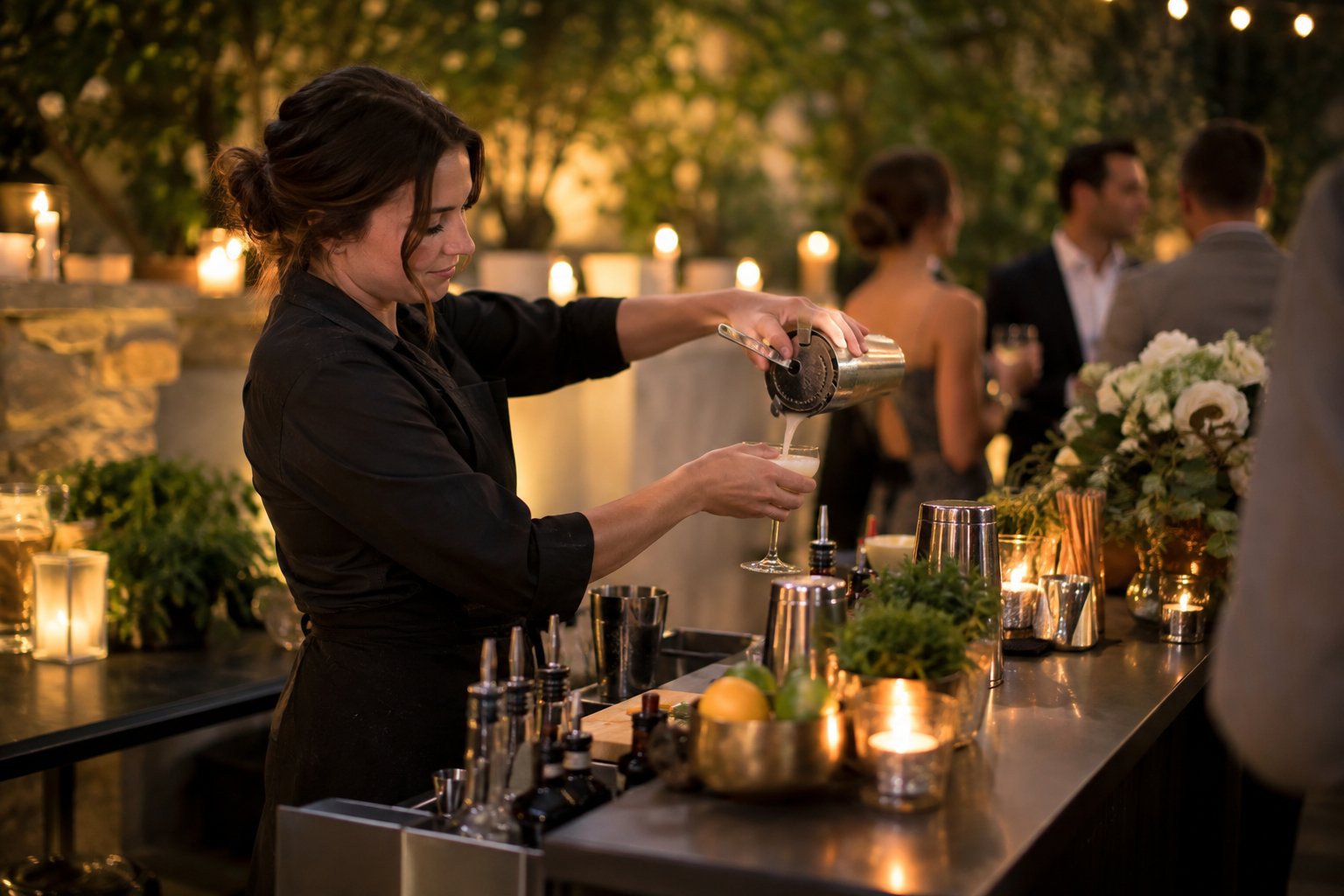 A woman bartender prepares a cocktail behind a portable bar at an evening event.