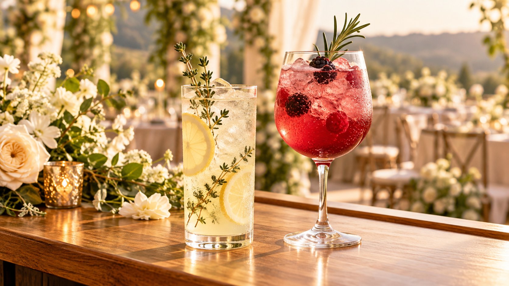 Two alcohol-free wedding mocktails: lemon-thyme spritz and berry-rosemary drink on a wood bar.