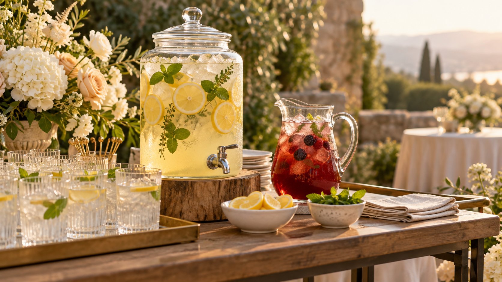 Alcohol-free wedding refreshment station with citrus-herb lemonade, berry iced tea and water glasses.