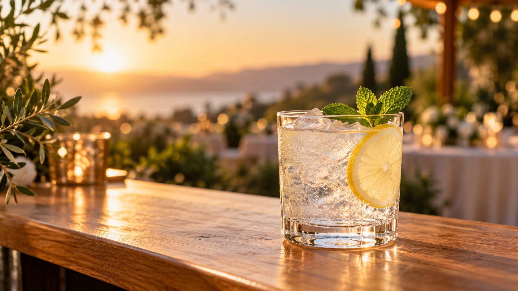 Clear citrus cocktail with lemon, mint, and ice on a wooden outdoor bar at sunset.