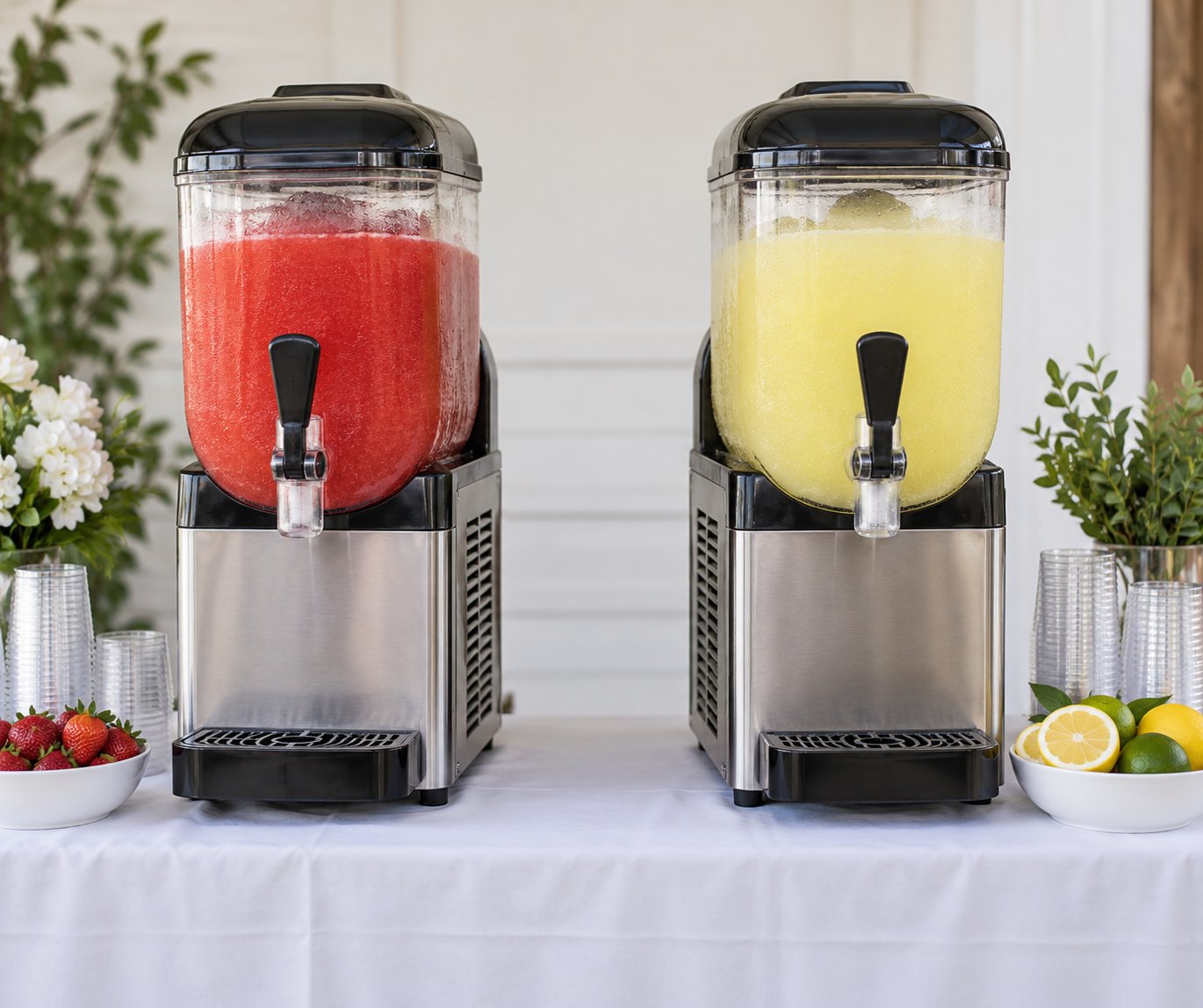 Two separate single-bowl slushie machines, one with a red frozen drink and one with a pale yellow drink, illustrating that a second flavor needs a second station.