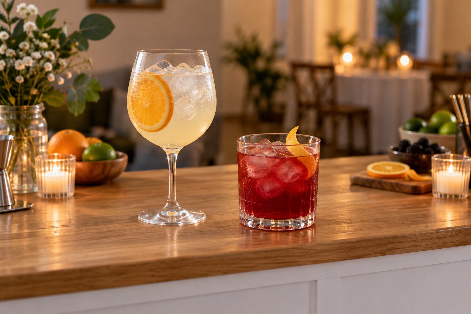 Two distinct citrus and berry signature cocktails with clear ice on a wood-topped white counter.