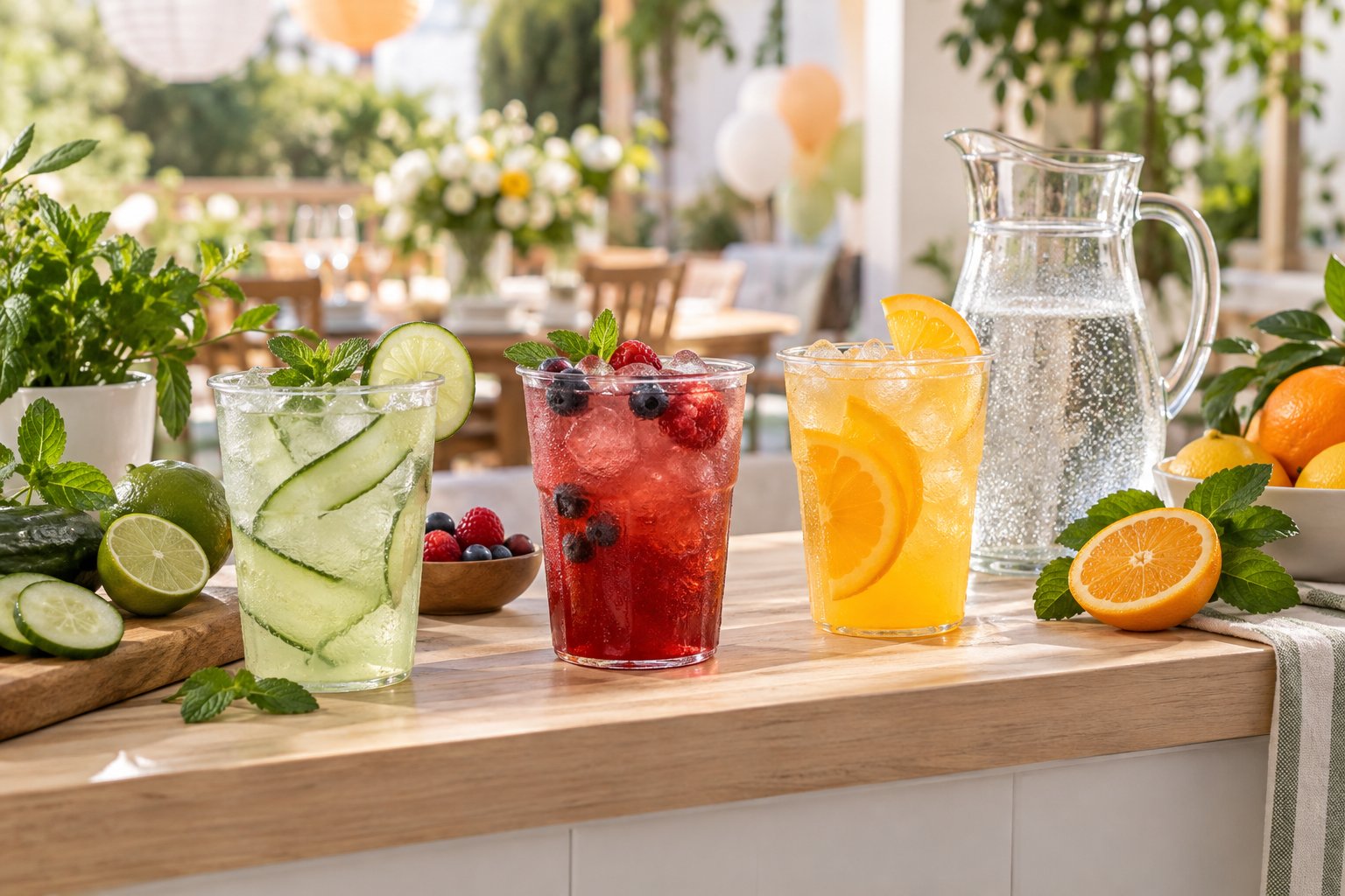 Three alcohol-free fruit and herb drinks: cucumber-lime, berry and citrus coolers with a water pitcher.