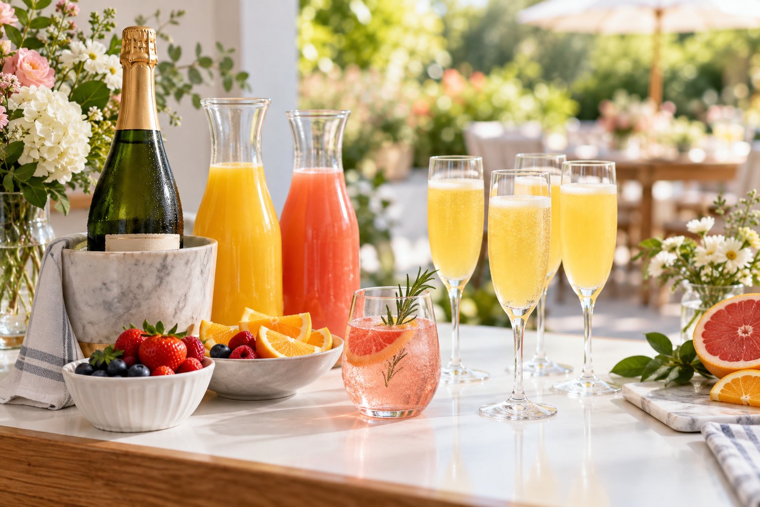 A brunch toast setup with sparkling wine, juice carafes, fresh fruit, flutes and a nonalcoholic sparkling drink.