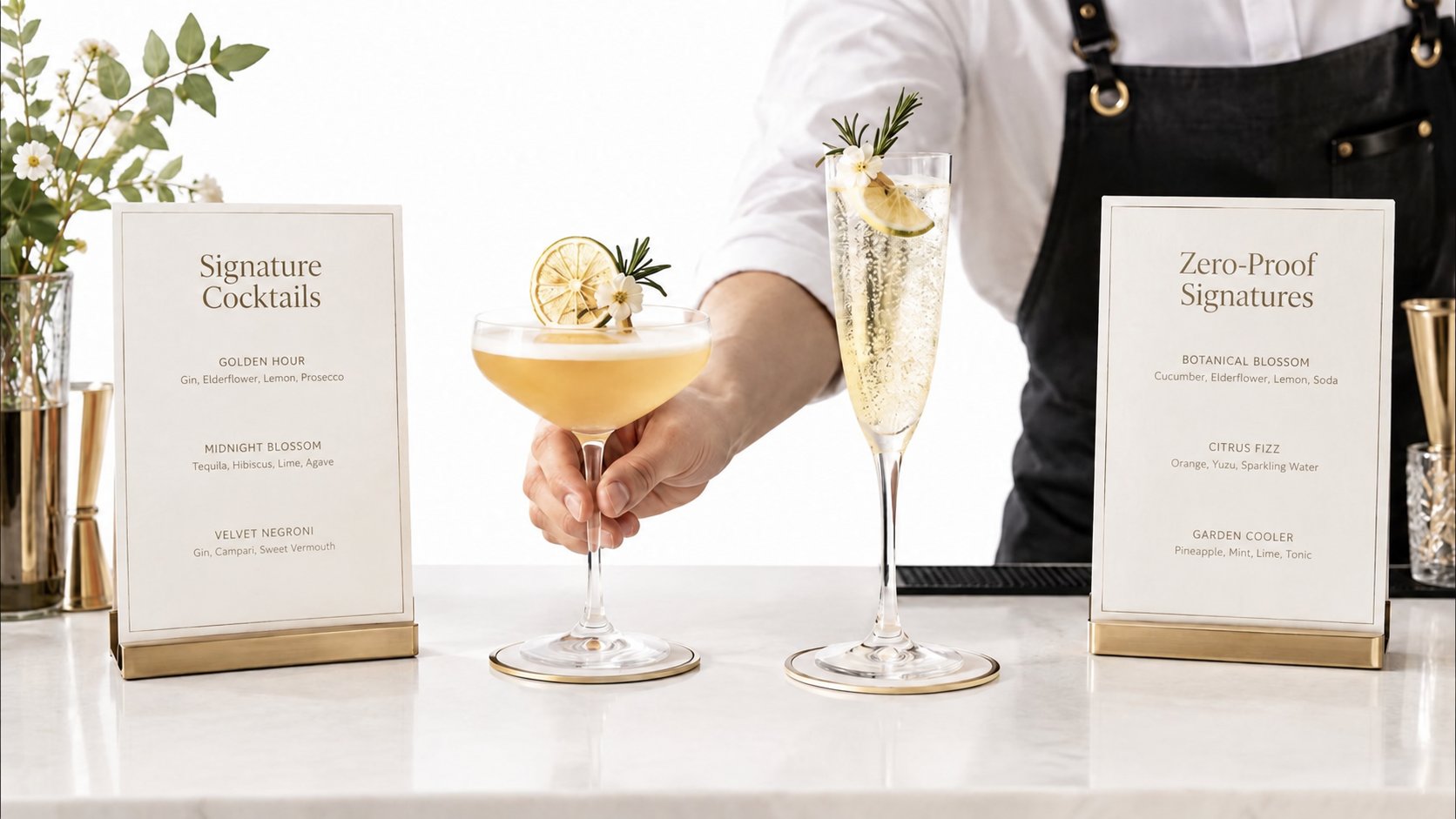 Cocktail and alcohol-free menu inspiration beside two drinks.