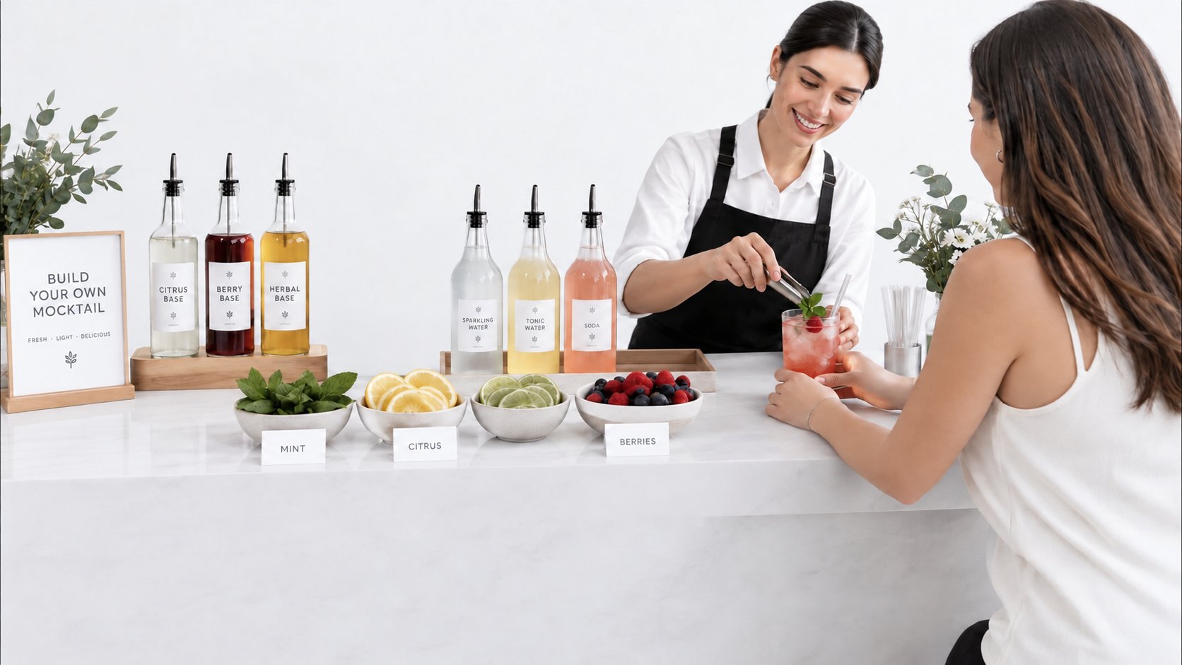 A bartender prepares a drink at a station with labeled mocktail ingredients.