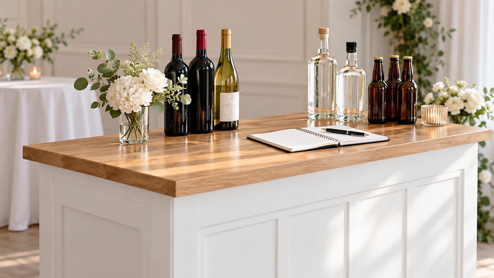 Wedding alcohol planning with bottles and a notebook on a white portable bar with a wood countertop.