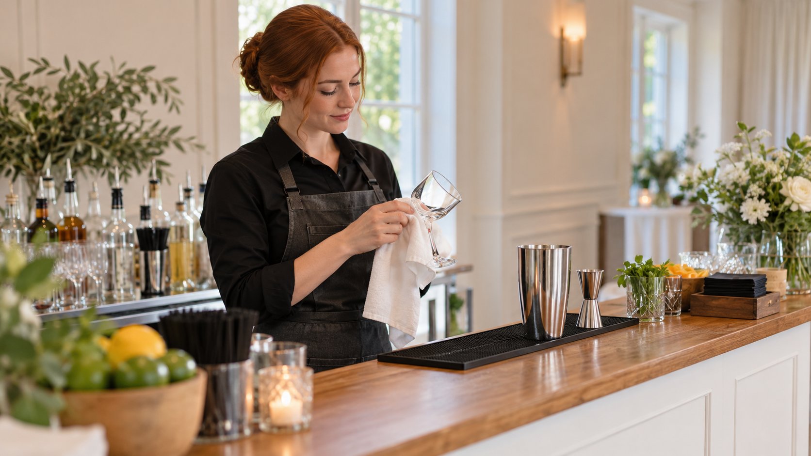 A woman bartender polishing a glass before event service.