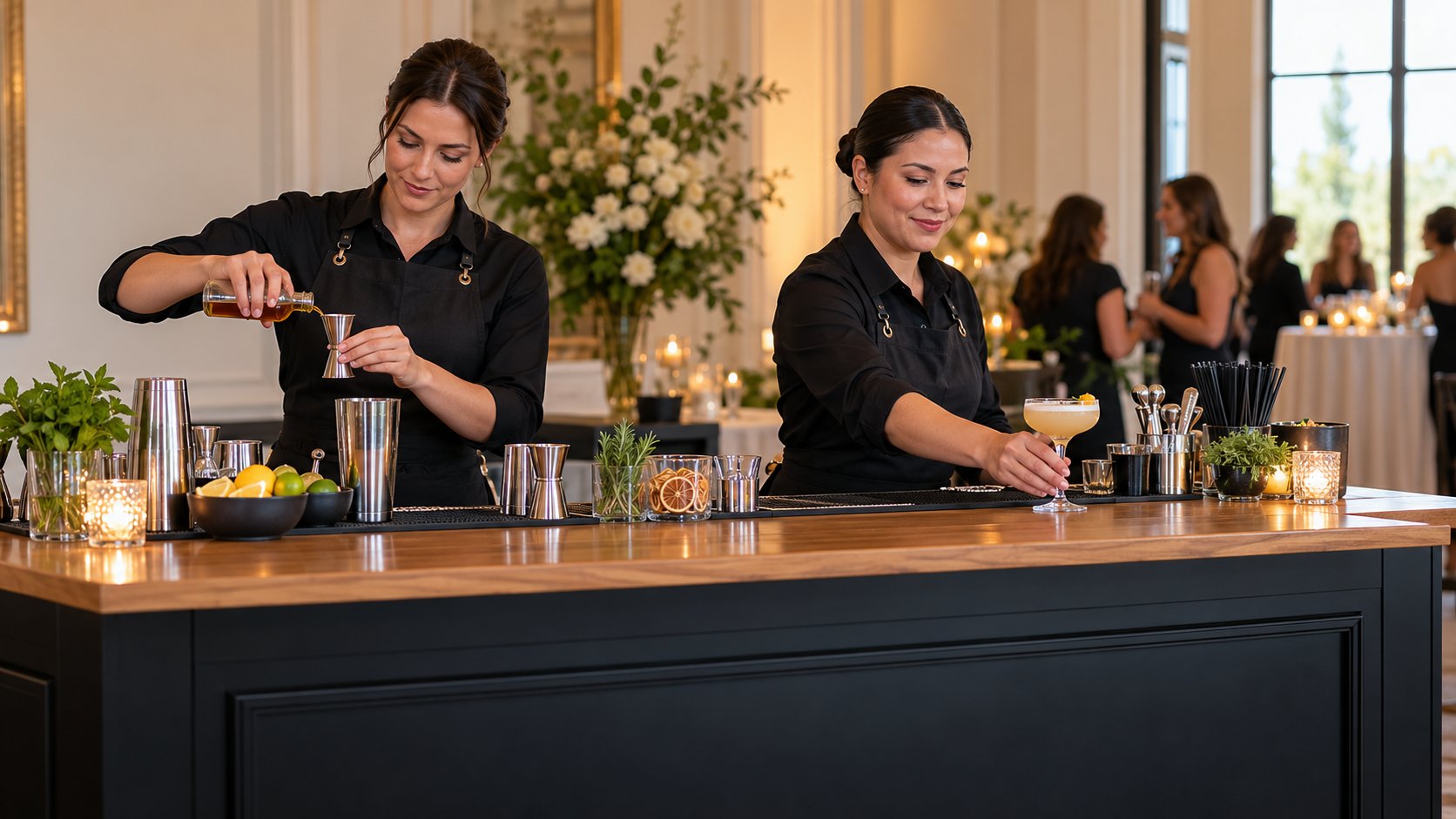 Two women bartenders preparing cocktails at a portable bar.