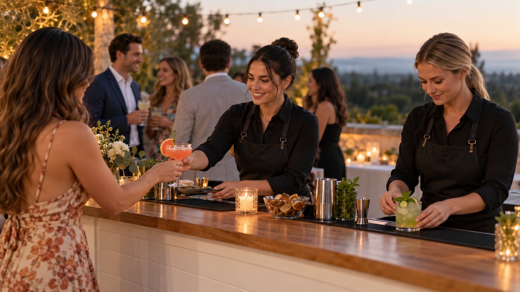 Two women bartenders serving a cocktail and preparing a mocktail at a private event