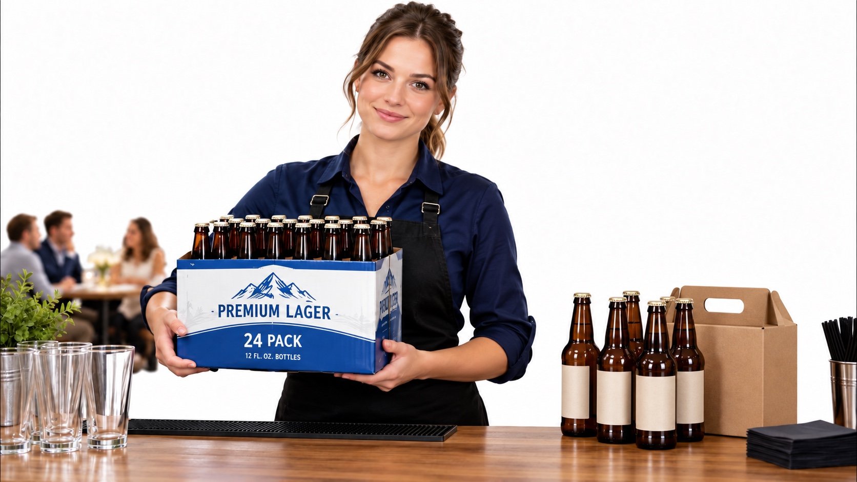 A woman bartender holding a case of bottled beer beside sealed bottles and a cardboard beverage carrier.