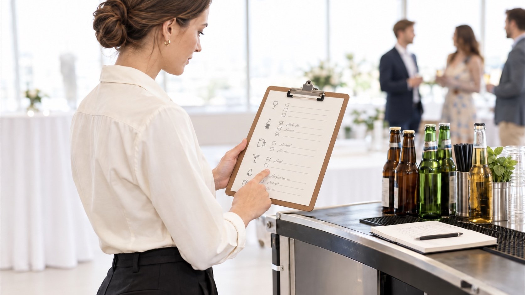 A woman reviewing a paper beverage checklist beside bottles and glasses at an event bar.