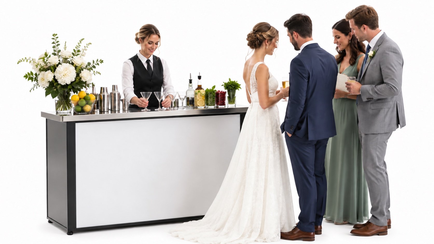 Illustrative woman bartender arranging glasses at a portable bar with a wedding couple and guests