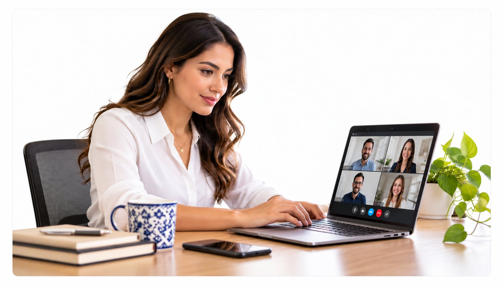 A professional woman participating in a video conference meeting on her laptop while working at her desk.