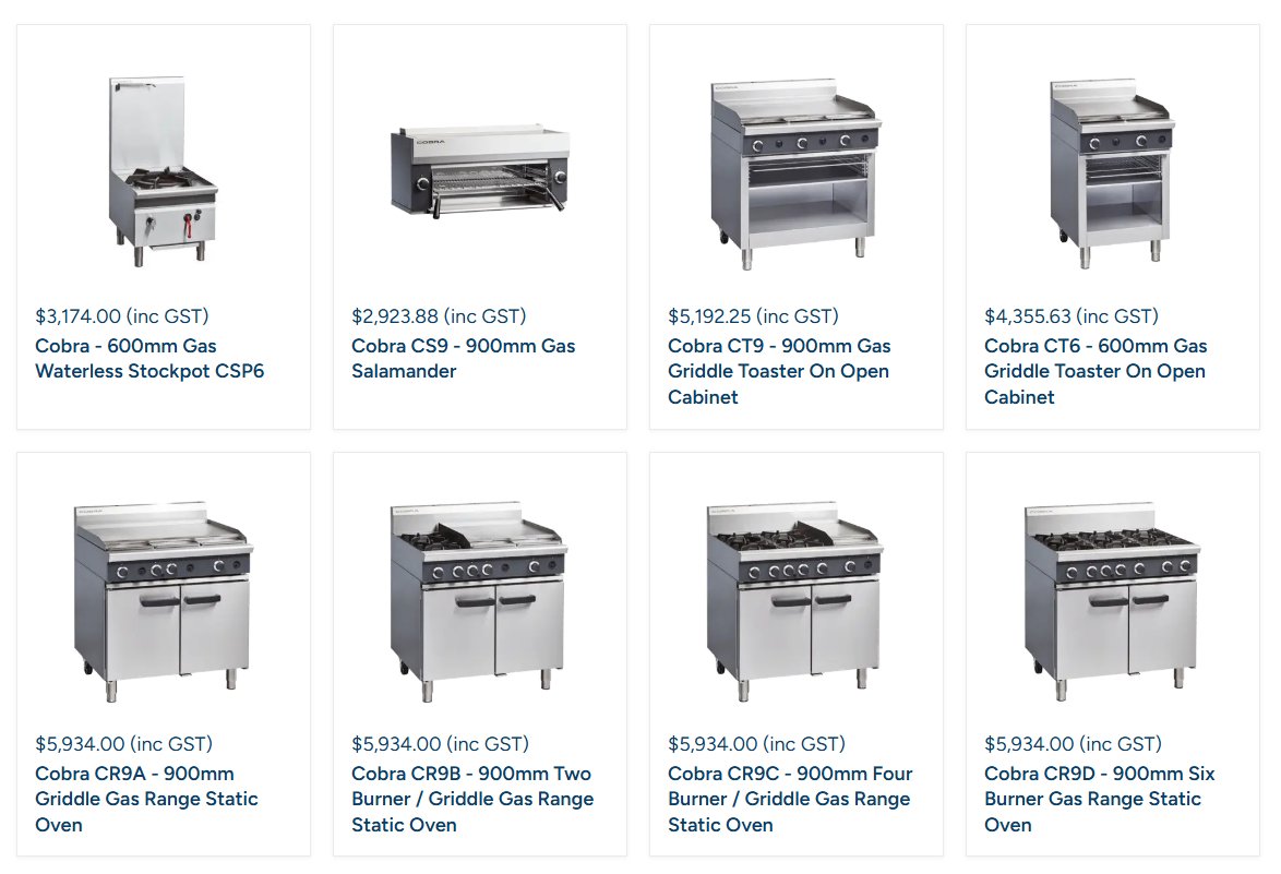A grid display of various Cobra commercial kitchen appliances, including gas ranges, griddle toasters, and a stockpot.