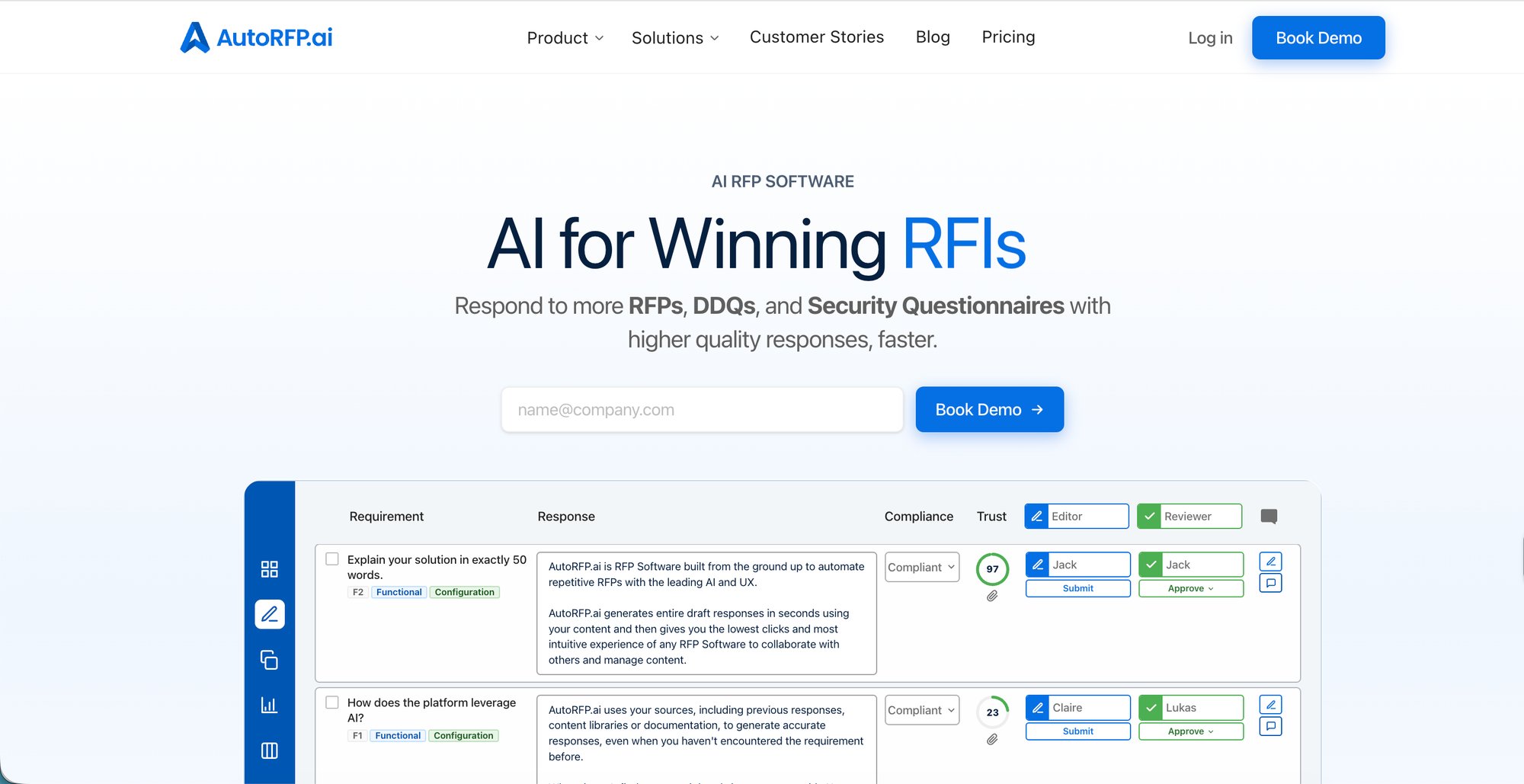 AutoRFP.ai website displaying its AI software for managing RFPs, DDQs, and security questionnaires with response generation.