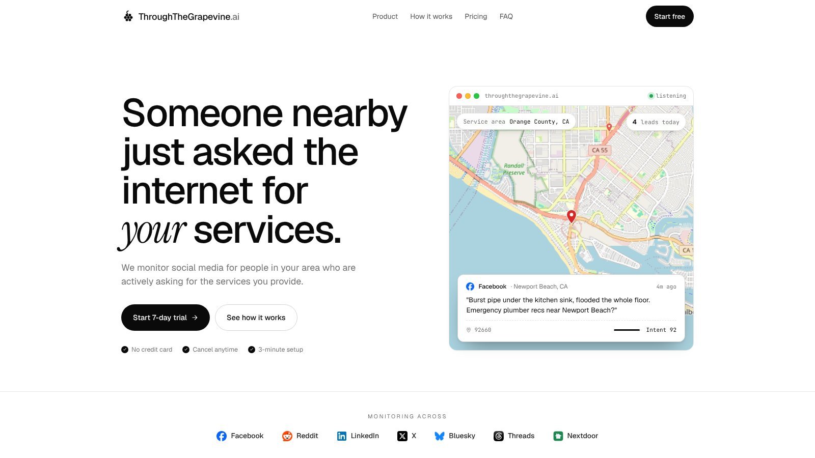 ThroughTheGrapevine.ai homepage showing a local lead found on Facebook