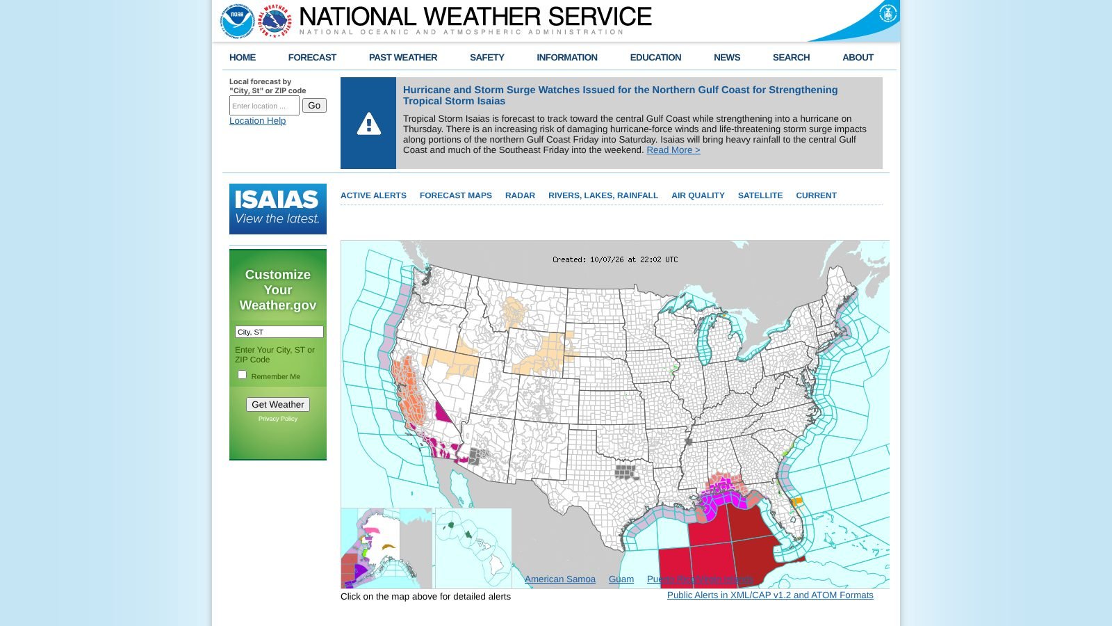 National Weather Service map of active weather alerts across the United States.