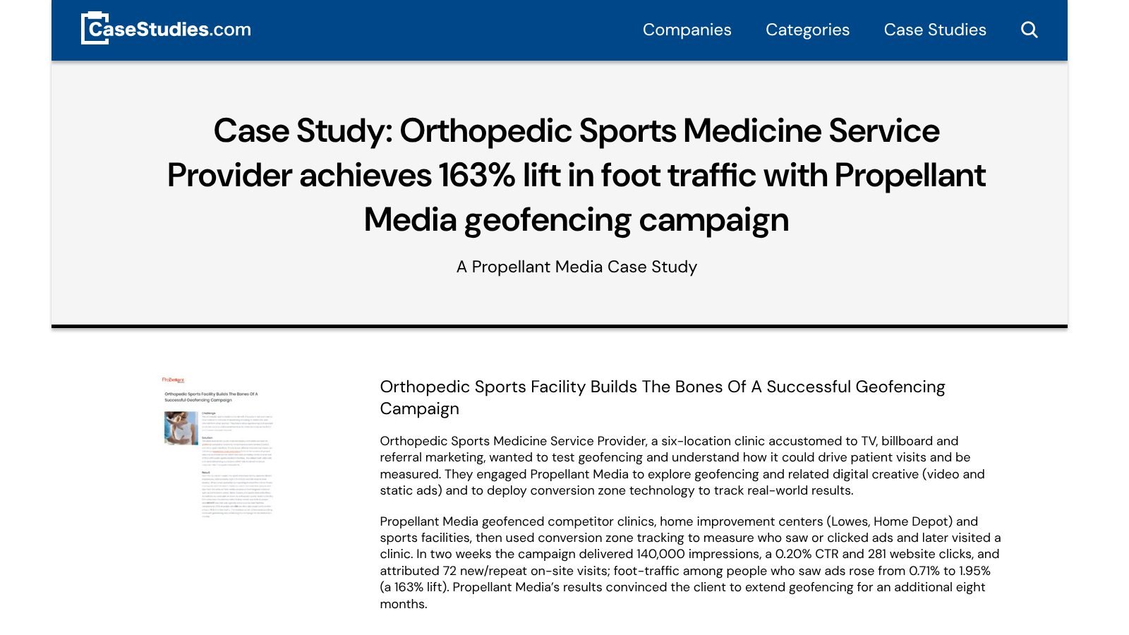 CaseStudies.com summary of Propellant Media's geofencing campaign for an orthopedic sports medicine clinic.