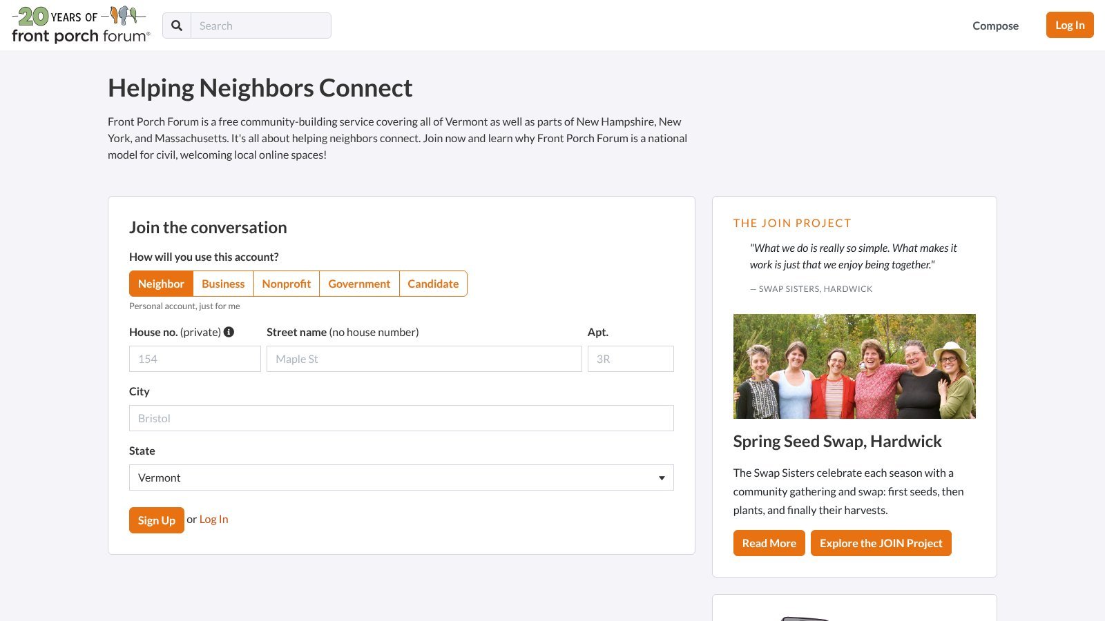 Front Porch Forum homepage