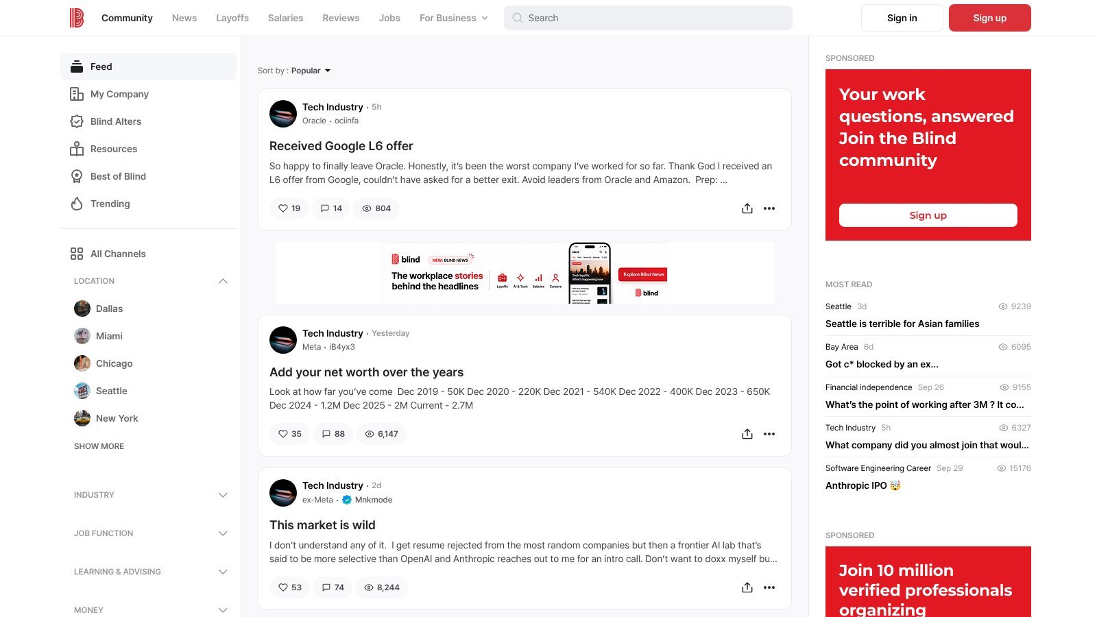 Blind community feed