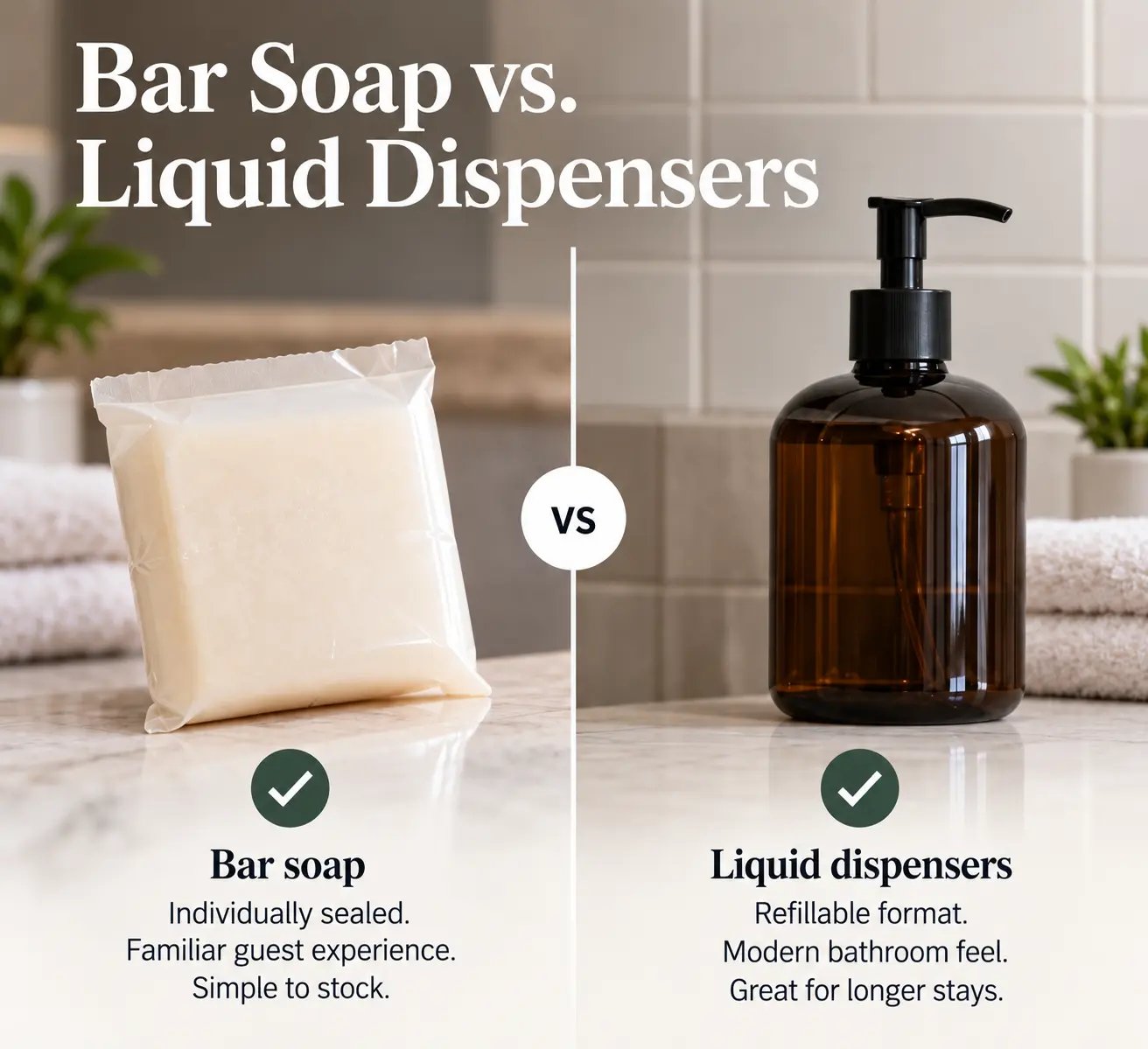 A visual comparison of individually wrapped bar soap and a refillable liquid soap dispenser for hospitality.