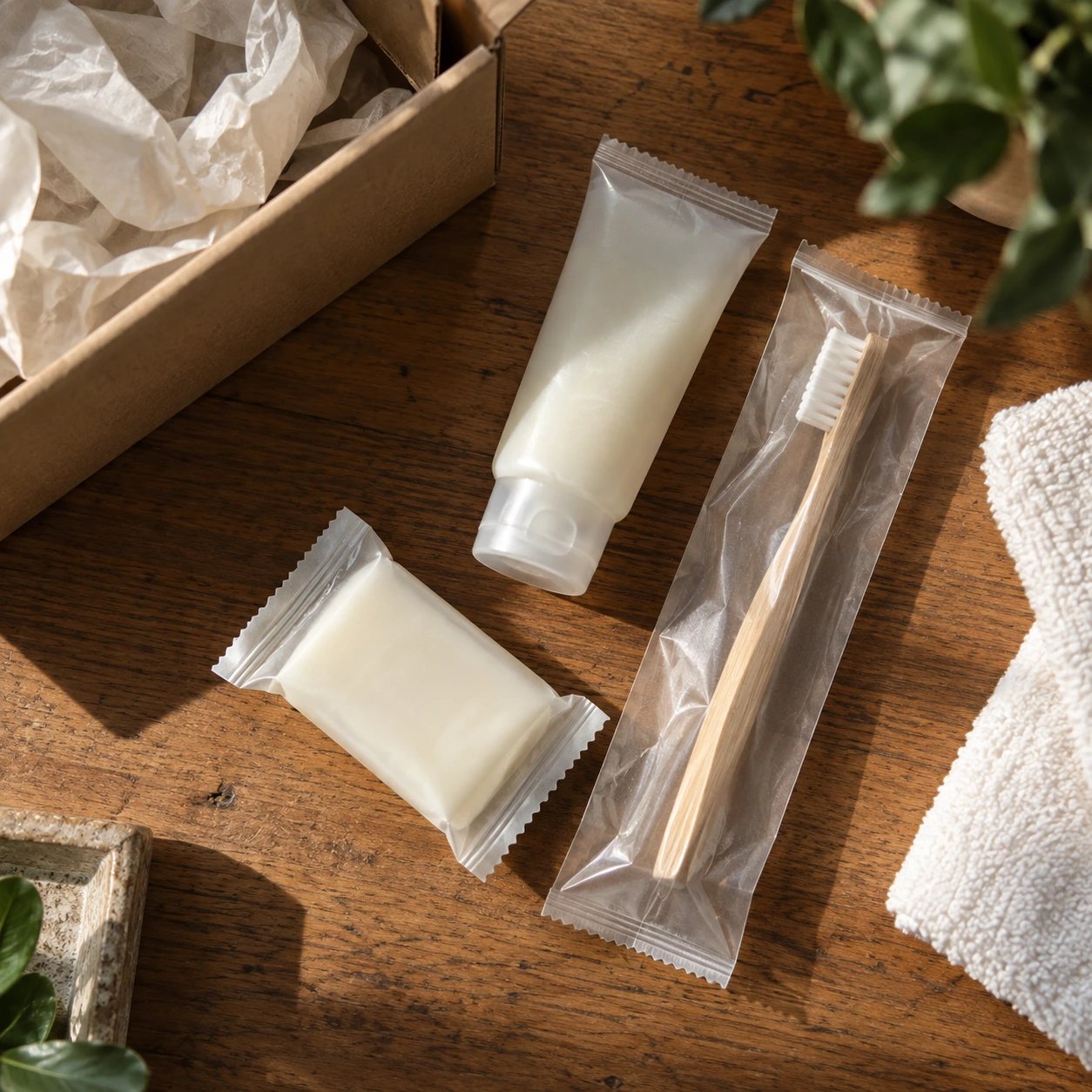 Eco-friendly bathroom amenities: a tube, soap, bamboo toothbrush in packaging, and towel on a wooden table.