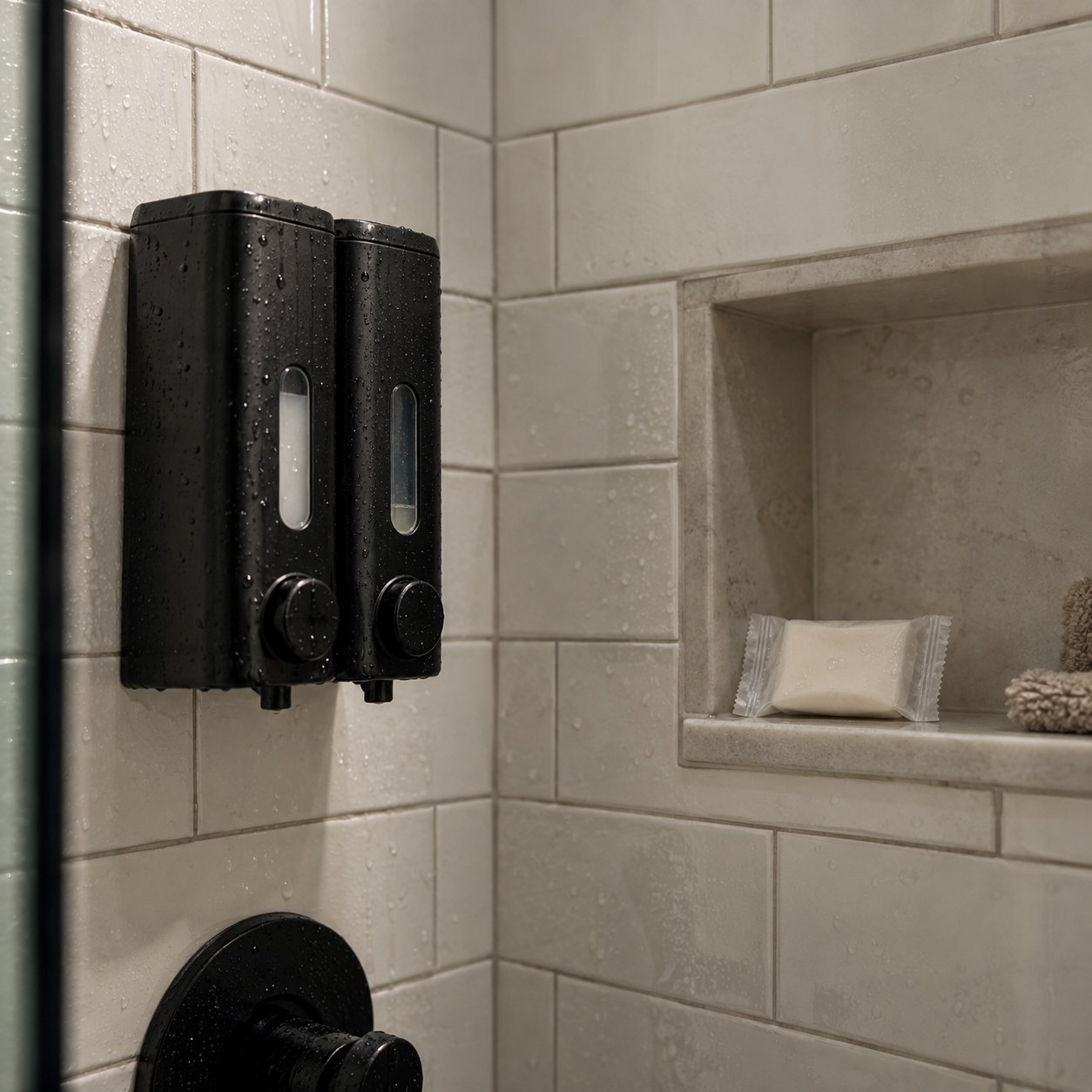 A black double soap dispenser mounted on a wet, tiled shower wall, with a bar of soap in a niche.