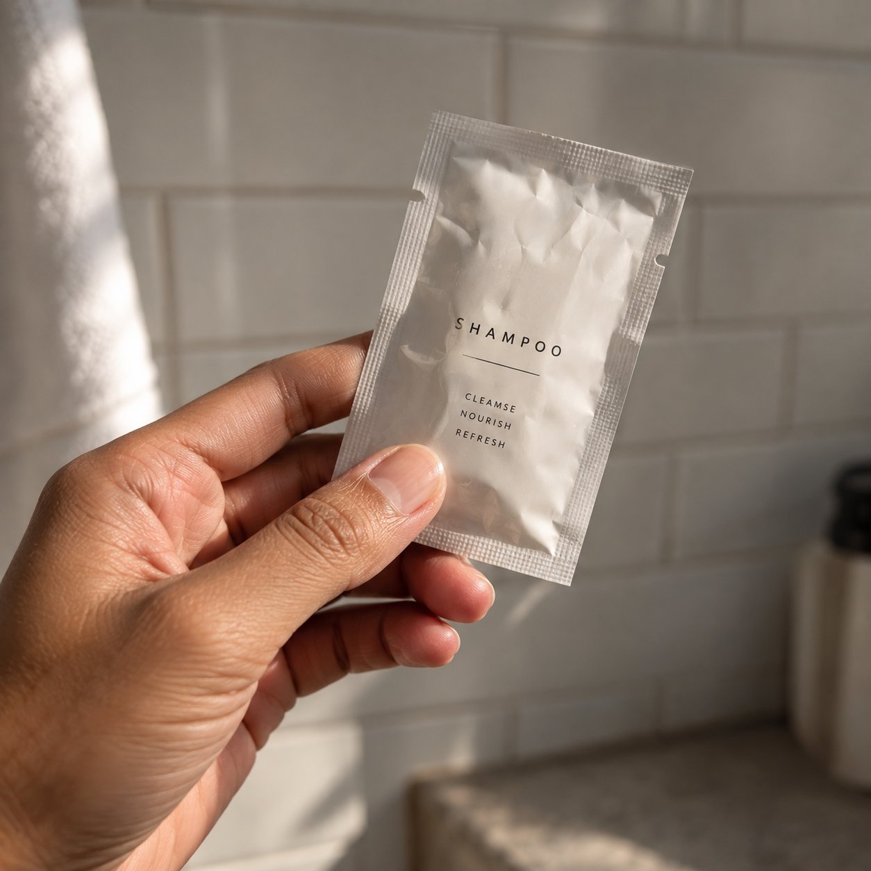 A hand holds a small, minimalist white shampoo packet with text in a bathroom setting.