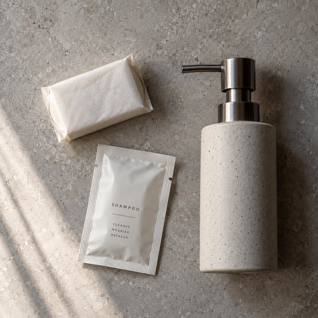 A bar of soap in paper, a shampoo sachet, and a speckled soap dispenser on a grey surface.