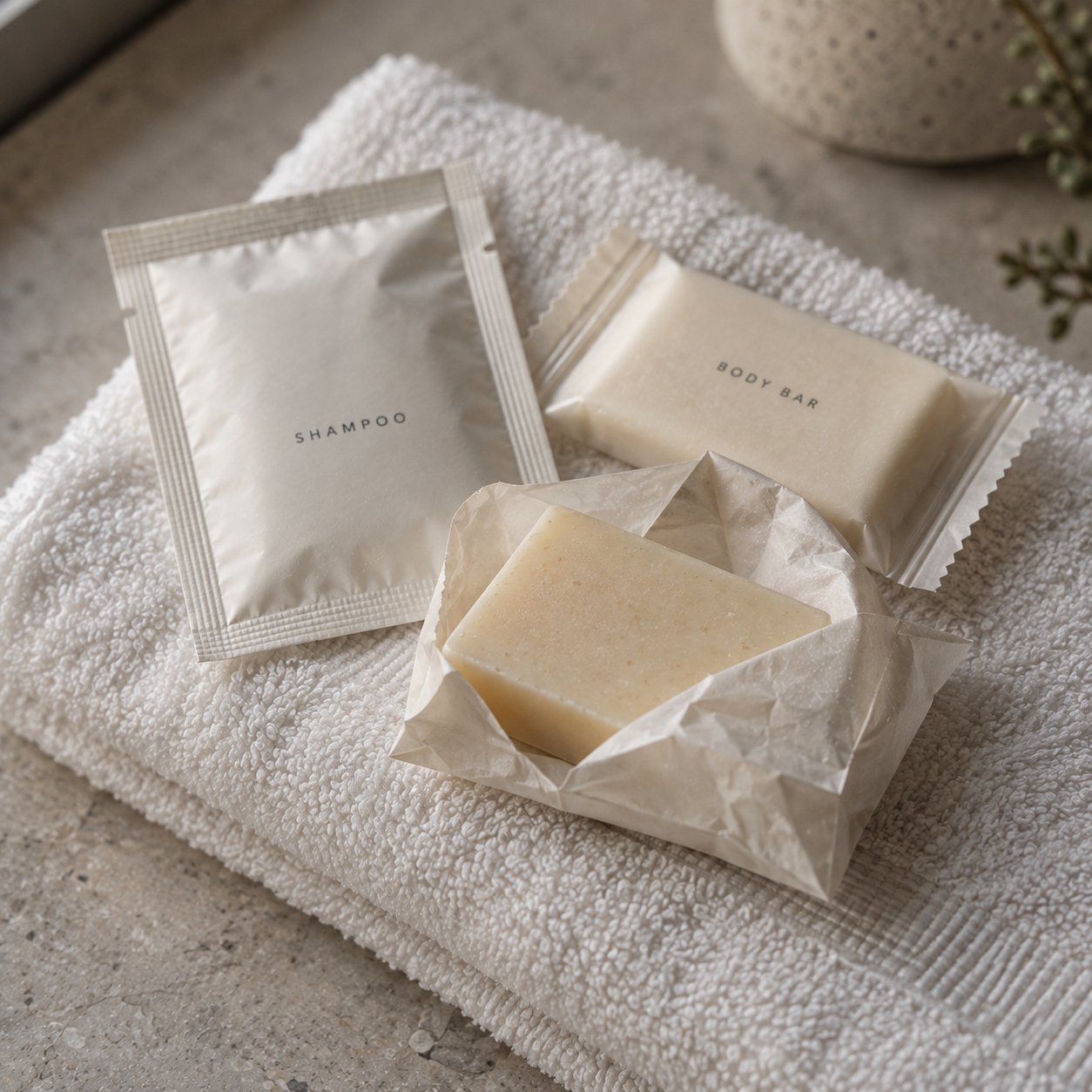 Hotel toiletries including a shampoo packet, two body soap bars, and a white fluffy towel.