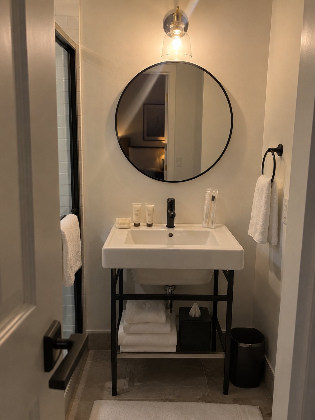 A modern hotel bathroom featuring a white vanity, round mirror, and black fixtures.