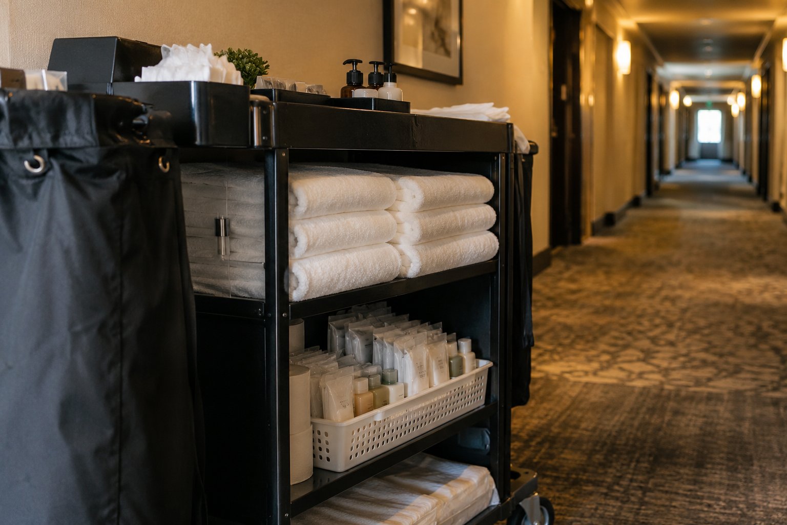 A hotel housekeeping cart stocked with fresh towels and miniature toiletries in a well-lit corridor.
