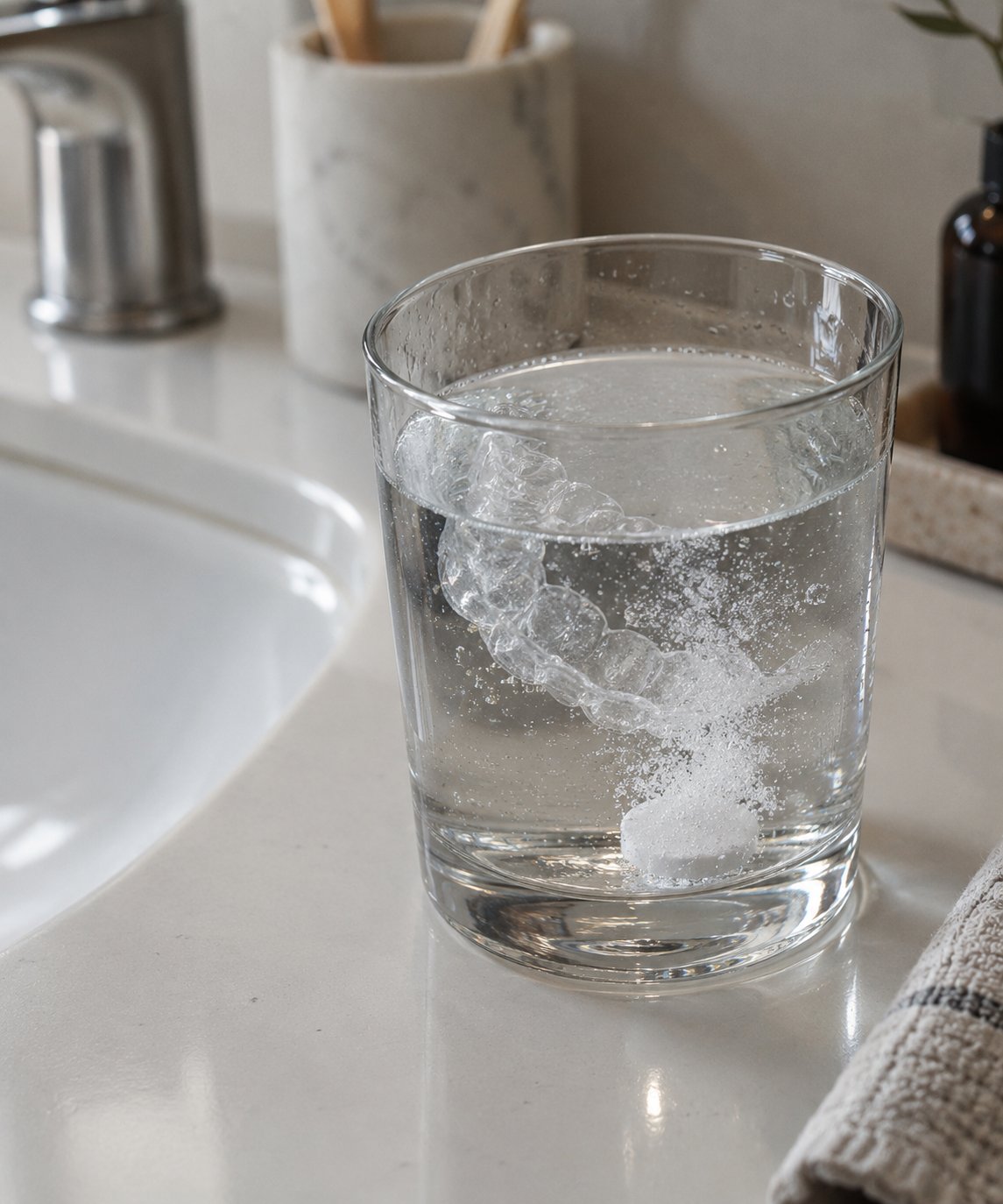 A clear dental retainer soaking in a glass of water with a fizzing cleaning tablet on a bathroom counter.