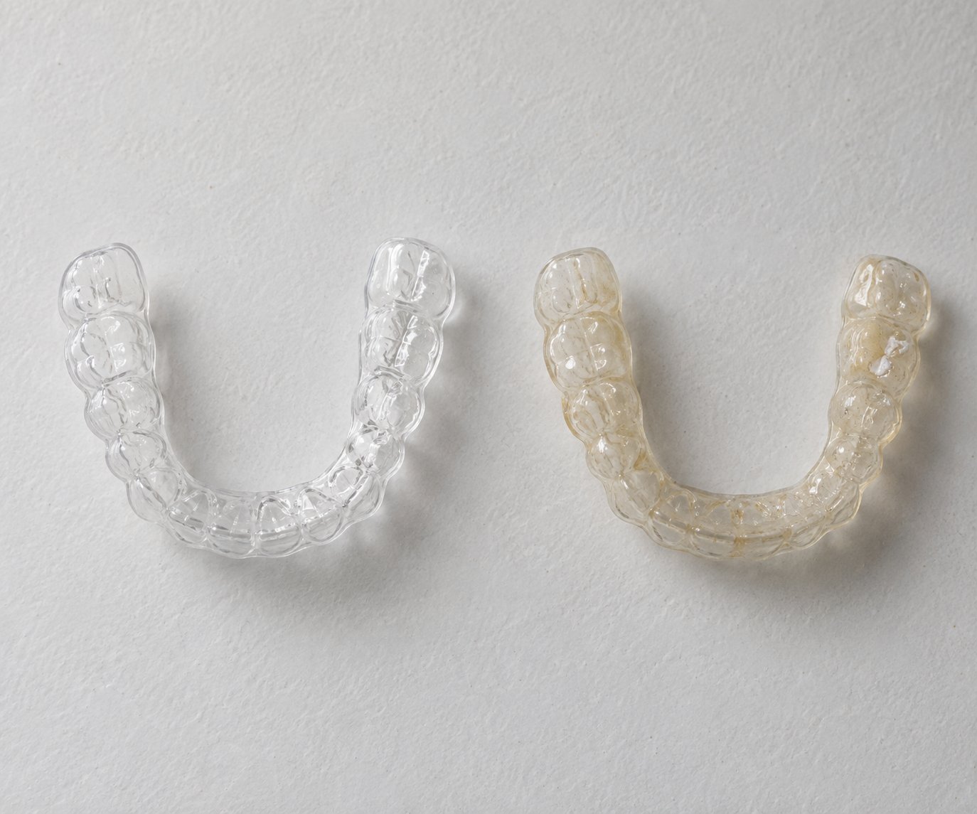 Comparison of a clean, clear dental aligner and a discolored one on a white background.