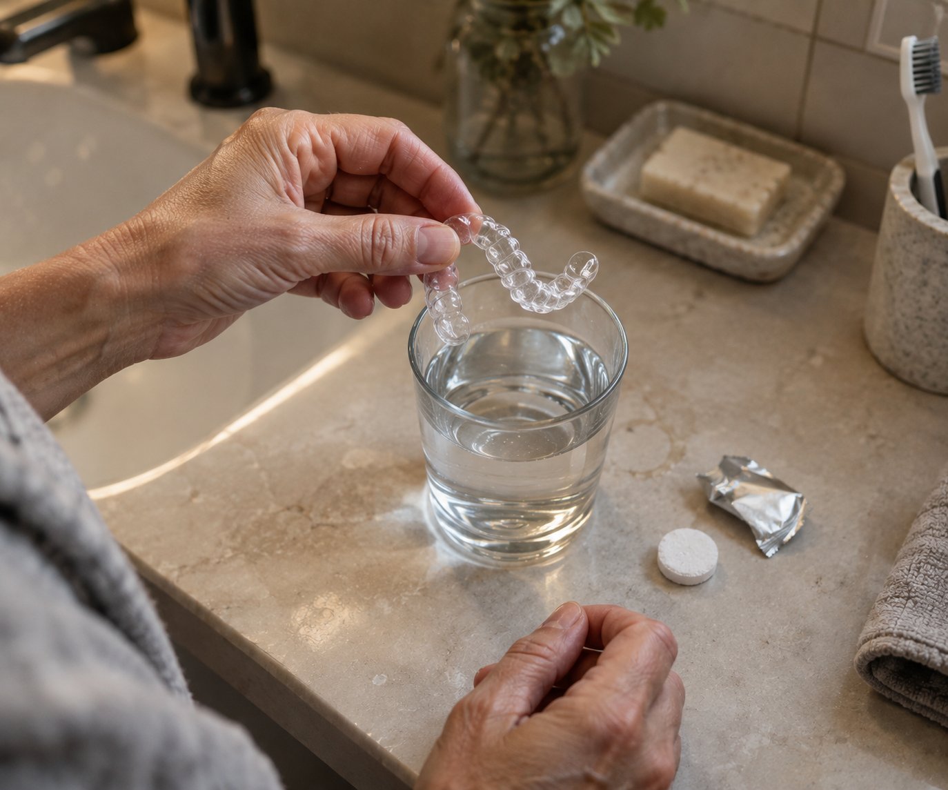 Hands hold a clear dental aligner over a glass of water, with a cleaning tablet on a bathroom counter.