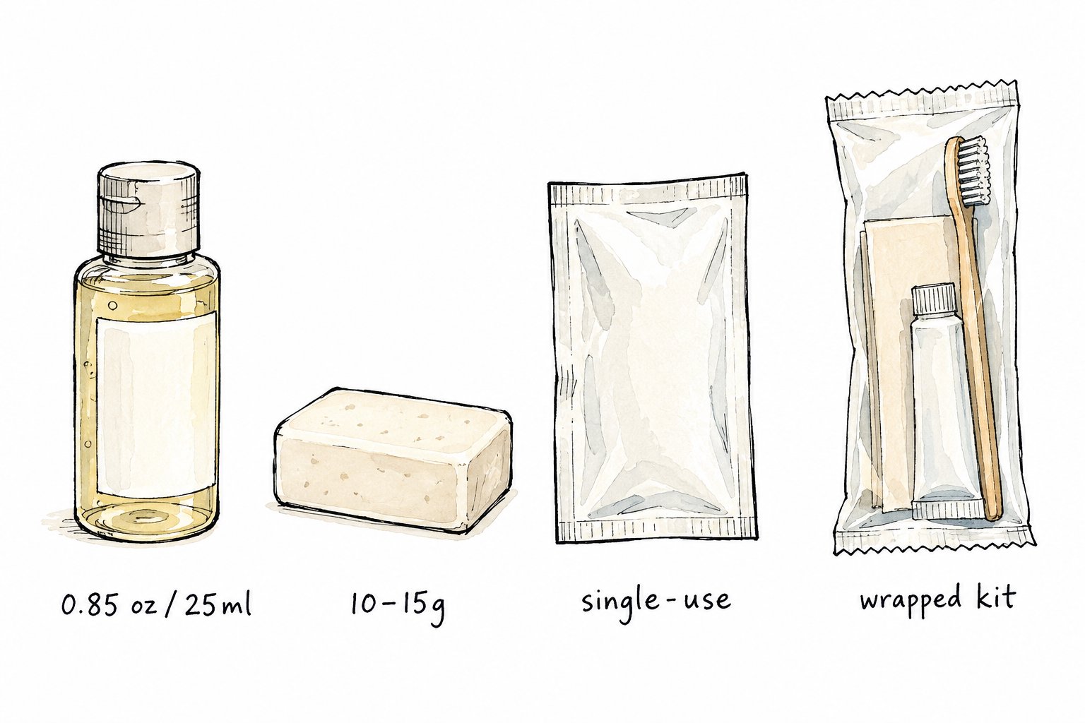 Illustrative sketch of various travel-size toiletries including a small bottle, a soap bar, a single-use sachet, and a wrapped dental kit.