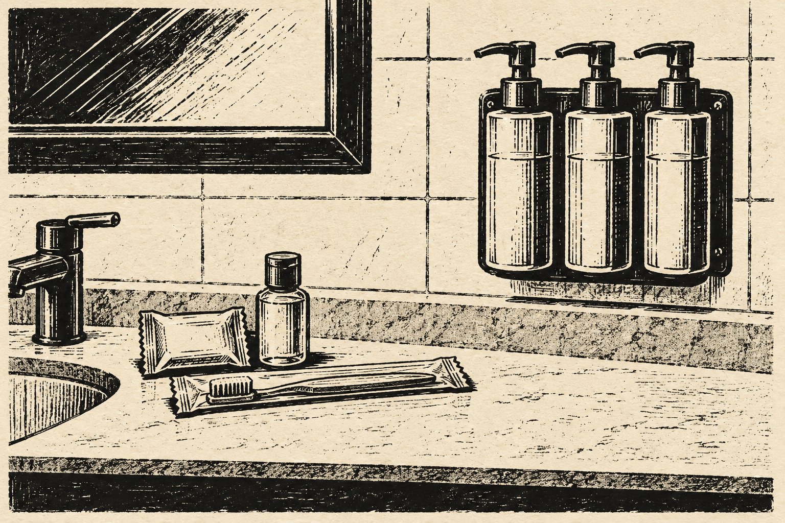 A retro illustration of hotel bathroom amenities including soap, toothbrush, and wall dispensers.