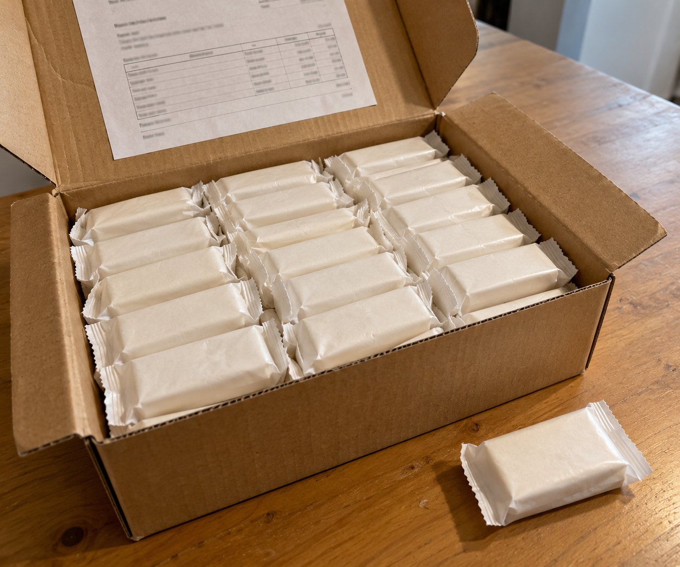 An open cardboard box is filled with many individually wrapped white rectangular items on a wooden table.