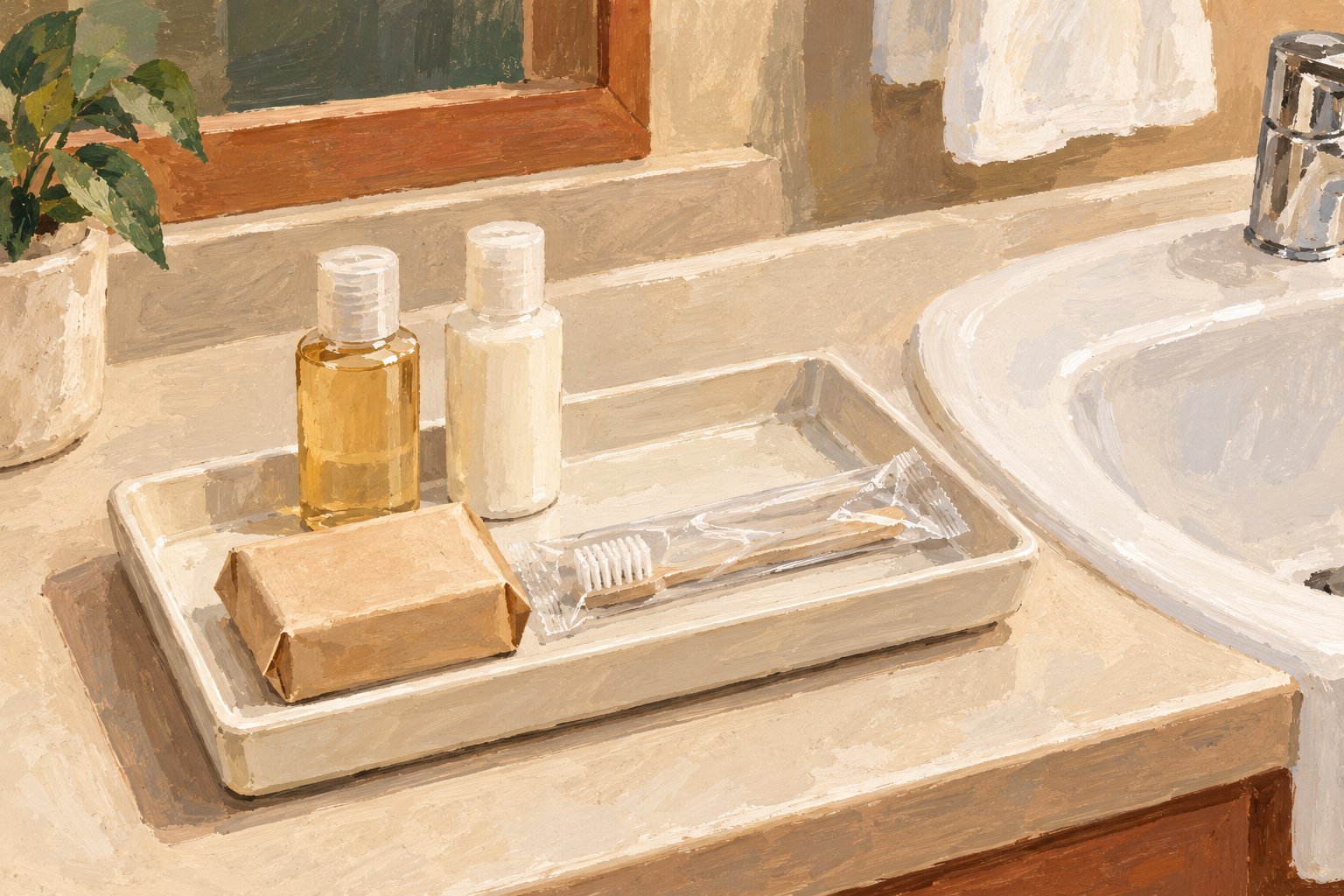 A tray of travel-sized toiletries, including shampoo, lotion, soap, and a toothbrush, on a hotel bathroom counter.