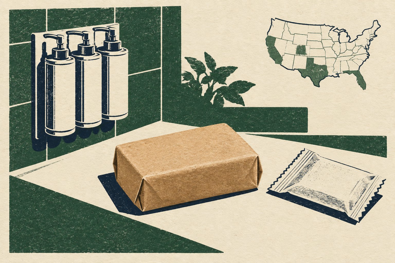 A retro-style illustration showing hotel toiletries: pump bottles, a wrapped bar of soap, and a small packet.
