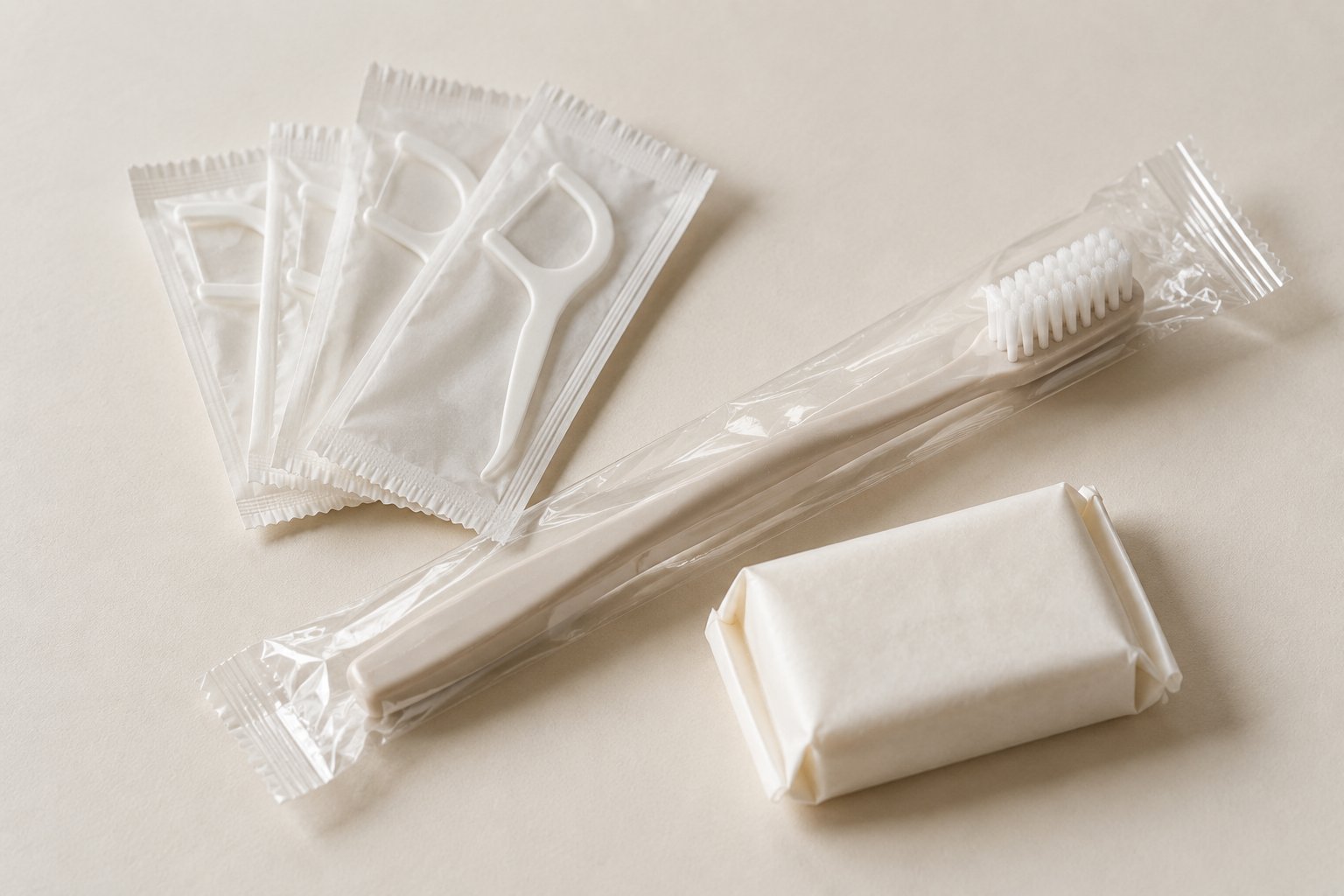 Individually packaged travel-size dental floss picks, toothbrush, and soap on a light background.