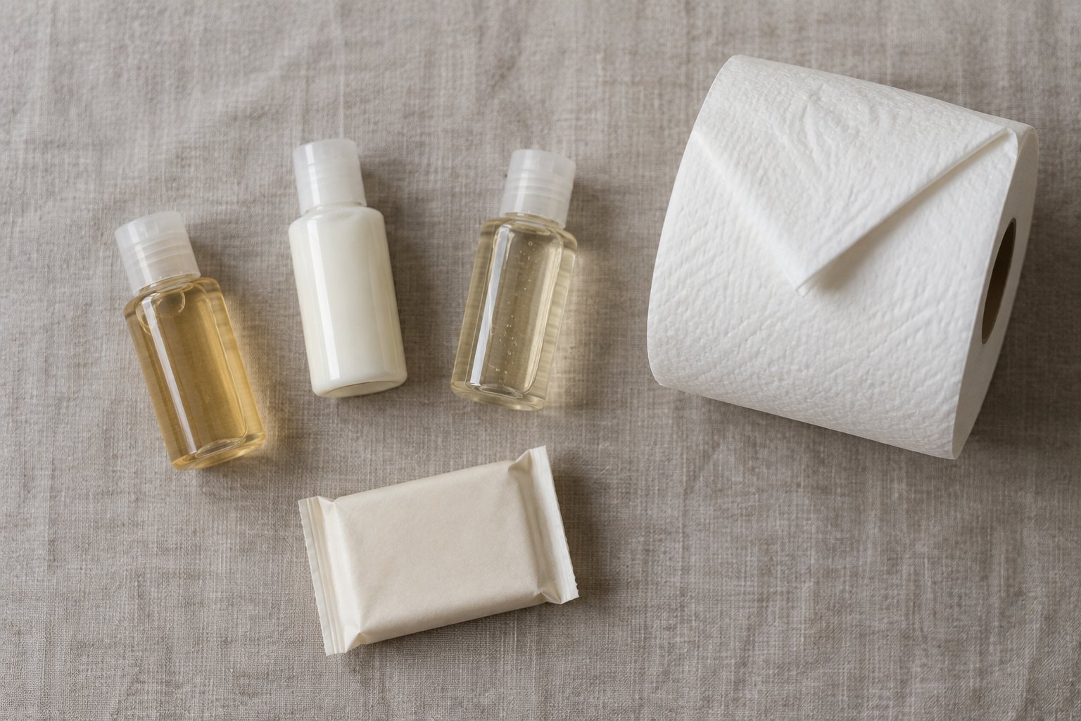 Small hotel toiletries, including shampoo, lotion, conditioner, bar soap, and toilet paper on a linen cloth.